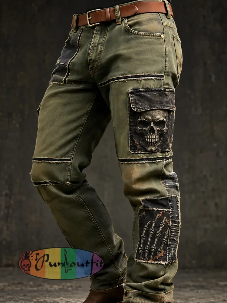 Men’s Vintage Punk-Style Graphic-Print Casual Cargo Pants - A · S