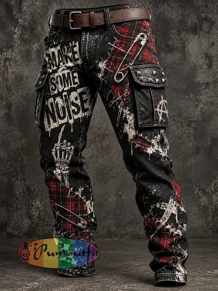 Men’s Vintage Punk-Style Graphic-Print Casual Cargo Pants - A · S