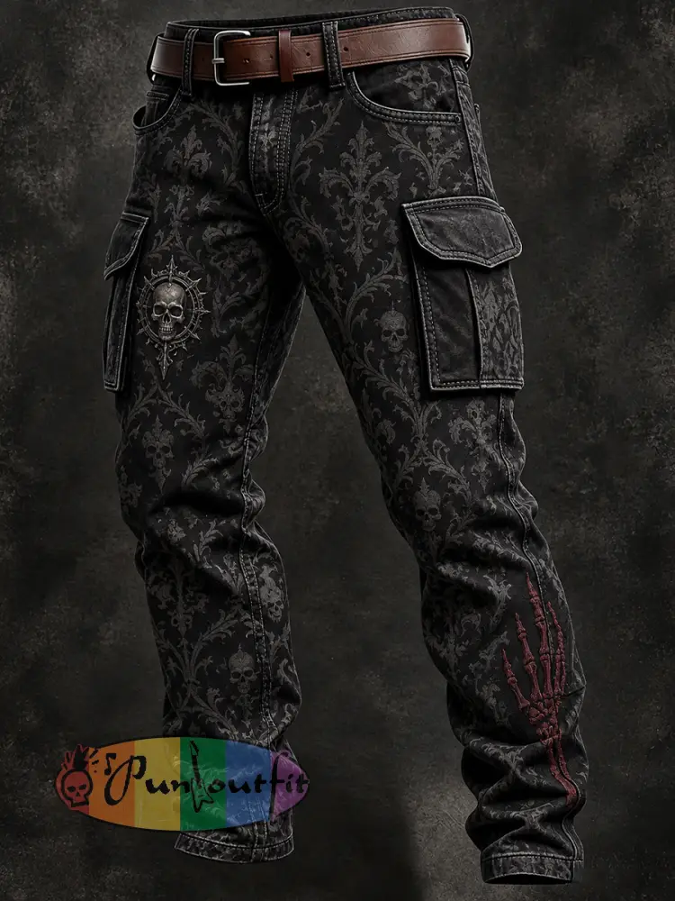 Men’s Vintage Punk-Style Graphic-Print Casual Cargo Pants - A · S