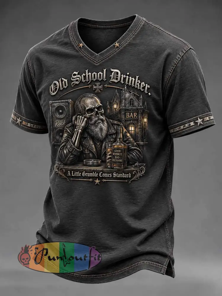 “Old School Drinker” Humorous Slogan Print T-Shirt - As picture · S