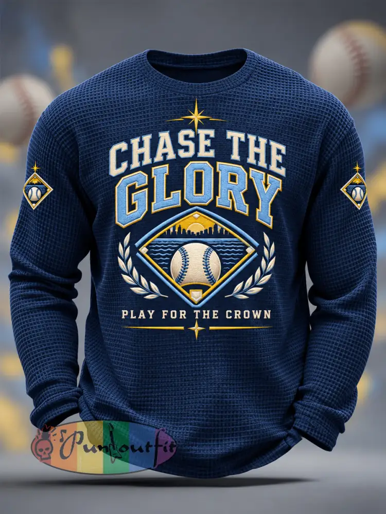 Men’s Gift For Baseball Fans Casual Waffle Long Sleeve T-Shirt - Navy Blue · S