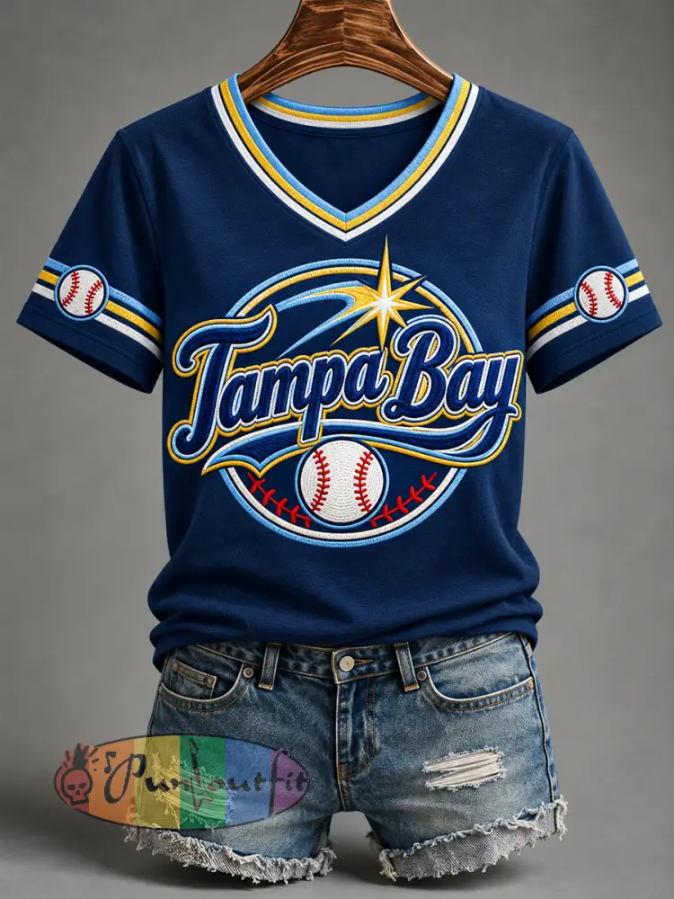 Women’s Gift For Baseball Fans Casual V-Neck Tee - Navy Blue · S
