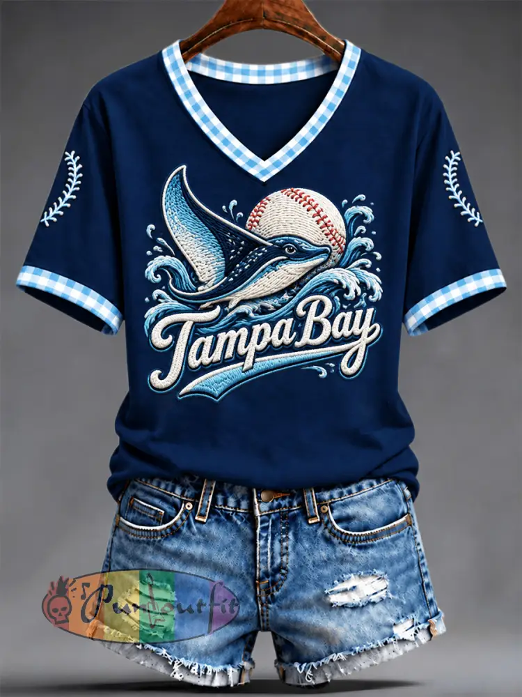 Women’s Tampa Bay Baseball Lover Print V-Neck Tee - Deep Blue · S