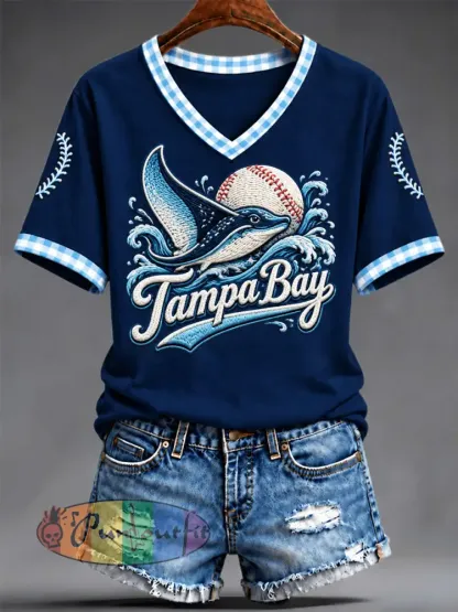 Women’s Tampa Bay Baseball Lover Print V-Neck Tee - Deep Blue · S