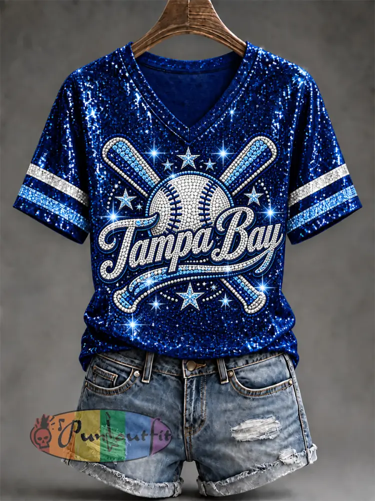 Women’s Tampa Bay Baseball Lover Print V-Neck Tee - Deep Blue · S