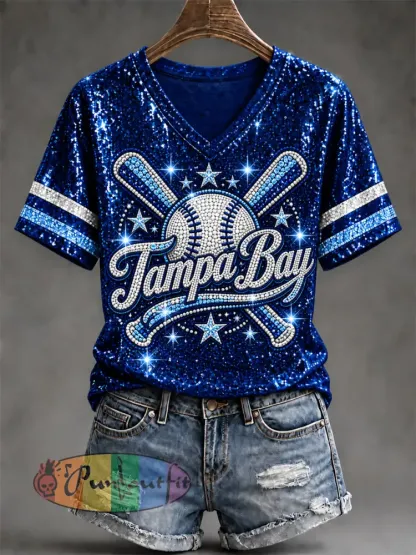 Women’s Tampa Bay Baseball Lover Print V-Neck Tee - Deep Blue · S