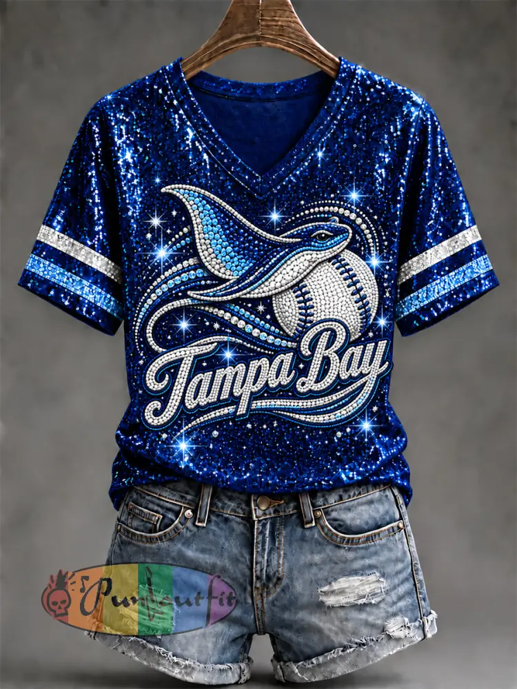 Women’s Tampa Bay Baseball Lover Print V-Neck Tee - Deep Blue · S
