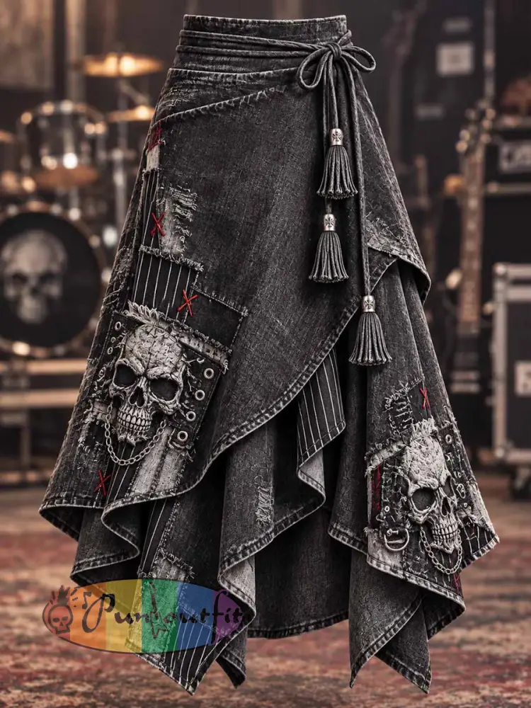 Women’s Vintage Distressed Rock Skull Print Skirt - As picture · S