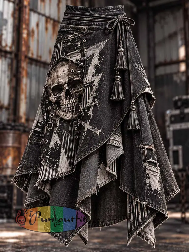 Women’s Vintage Distressed Rock Skull Print Skirt - As picture · S