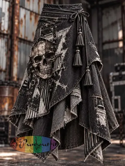 Women’s Vintage Distressed Rock Skull Print Skirt - As picture · S