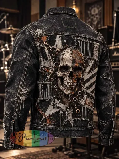 Men’s Vintage Distressed Rock Skull Print Jacket - As picture · S