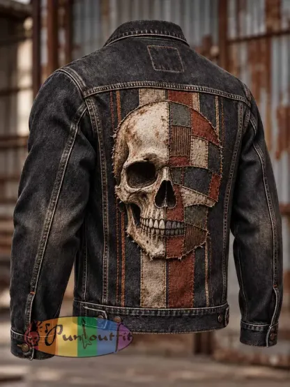 Men’s Vintage Distressed Rock Skull Print Jacket - As picture · S