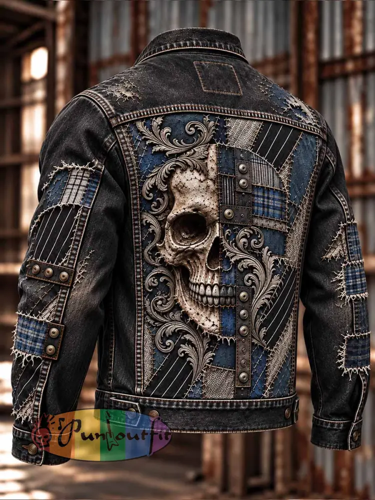 Men’s Vintage Distressed Rock Skull Print Jacket - As picture · S