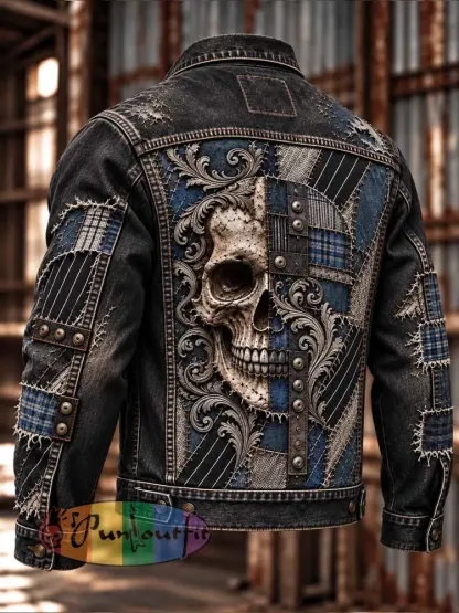 Men’s Vintage Distressed Rock Skull Print Jacket - As picture · S