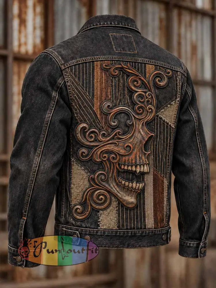 Men’s Vintage Distressed Rock Skull Print Jacket - As picture · S