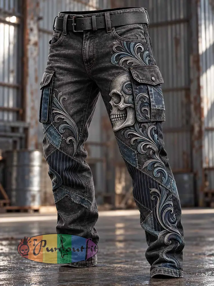 Men’s Vintage Distressed Rock Skull Pattern Printed Pants - As picture · S