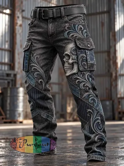 Men’s Vintage Distressed Rock Skull Pattern Printed Pants - As picture · S