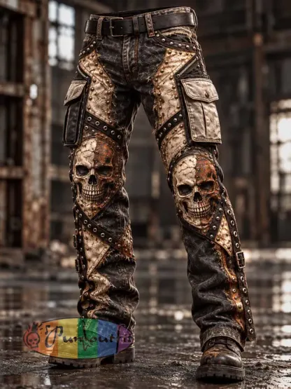 Men’s Vintage Distressed Rock Skull Pattern Printed Pants - As picture · S