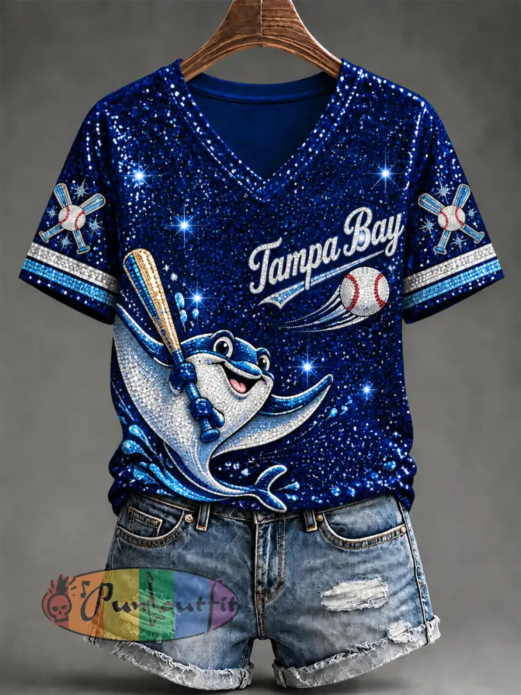 Women’s Tampa Bay Baseball Lover Print V-Neck Tee - Deep Blue · S