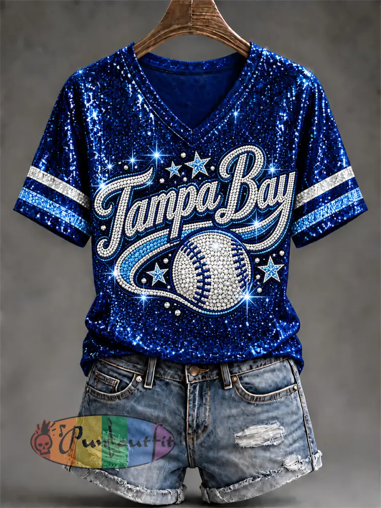Women’s Tampa Bay Baseball Lover Print V-Neck Tee - Deep Blue · S