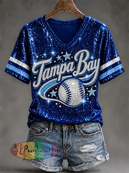 Women’s Tampa Bay Baseball Lover Print V-Neck Tee - Deep Blue · S