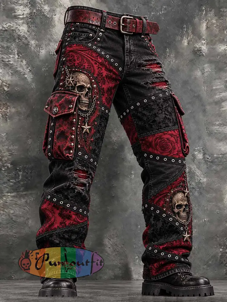 Men’s Vintage Skull Pattern Printed Pants - As picture · S