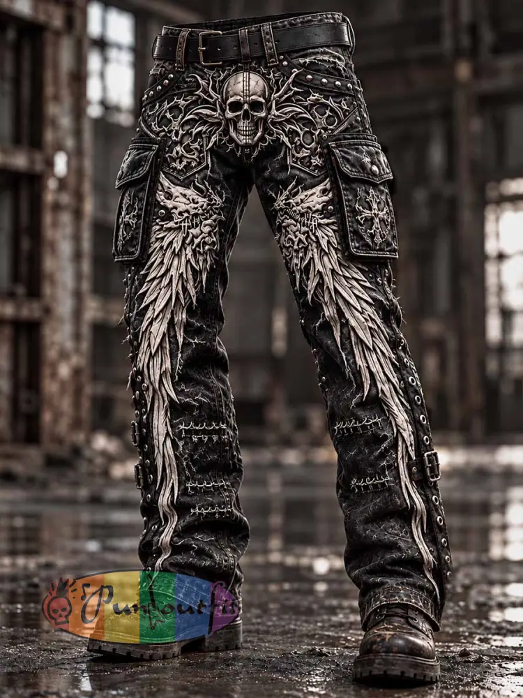 Men’s Vintage Skull Pattern Printed Pants - As picture · S