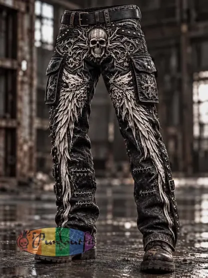 Men’s Vintage Skull Pattern Printed Pants - As picture · S