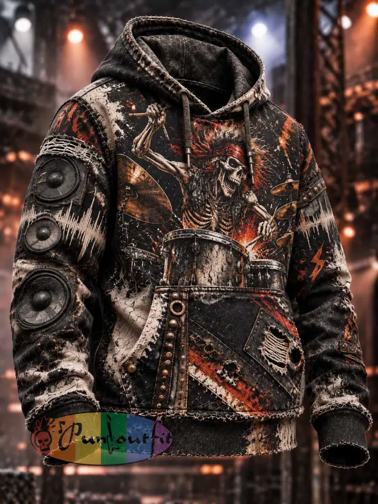 Men’s Vintage Skull Pattern Printed Hoodie - As picture · S