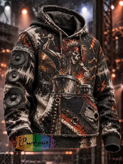 Men’s Vintage Skull Pattern Printed Hoodie - As picture · S
