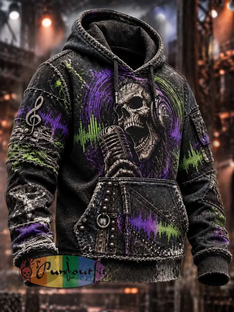 Men’s Vintage Skull Pattern Printed Hoodie - As picture · S