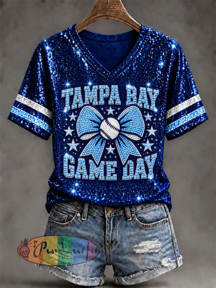 Women’s Tampa Bay Baseball Lover Print V-Neck Tee - Deep Blue · S
