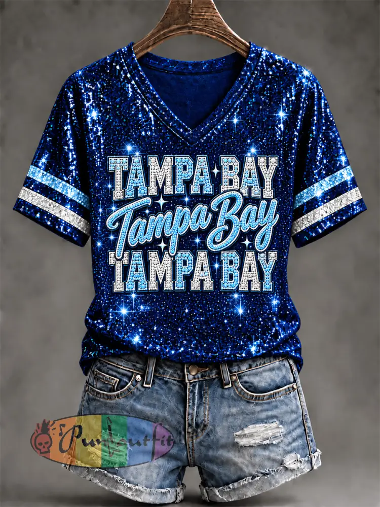 Women’s Tampa Bay Baseball Lover Print V-Neck Tee - Deep Blue · S