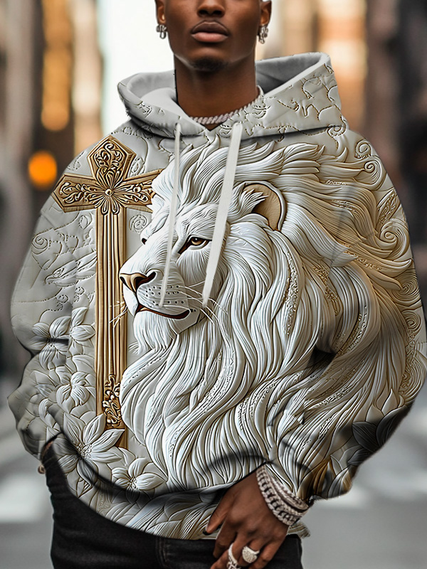 Men'S Retro Relief Lion And Golden Cross Art Print Hoodie