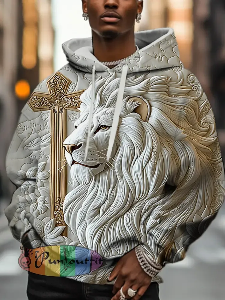 Men'S Retro Relief Lion And Golden Cross Art Print Hoodie