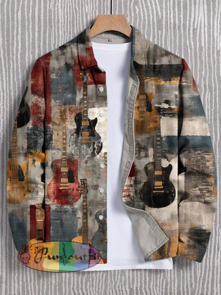 Men's Guitar Color Block Geometric Art Print Long Sleeve Shirt