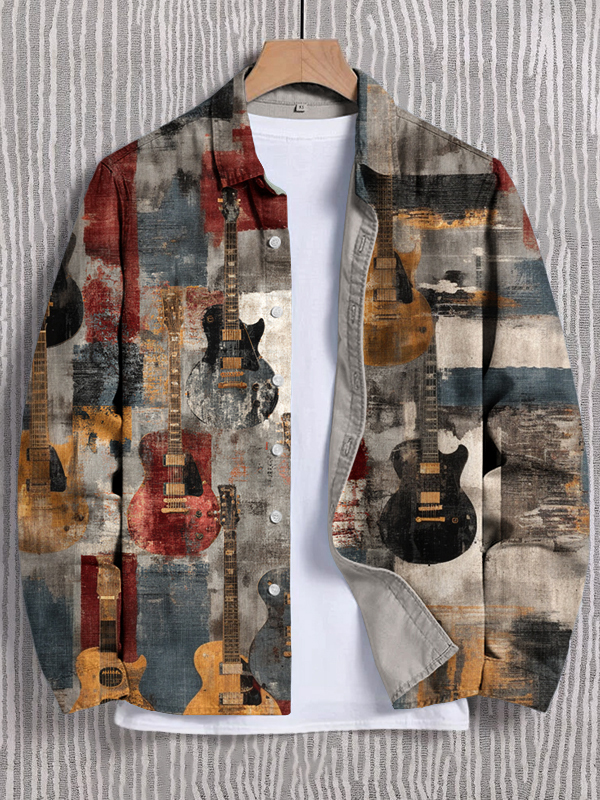 Men's Guitar Color Block Geometric Art Print Long Sleeve Shirt