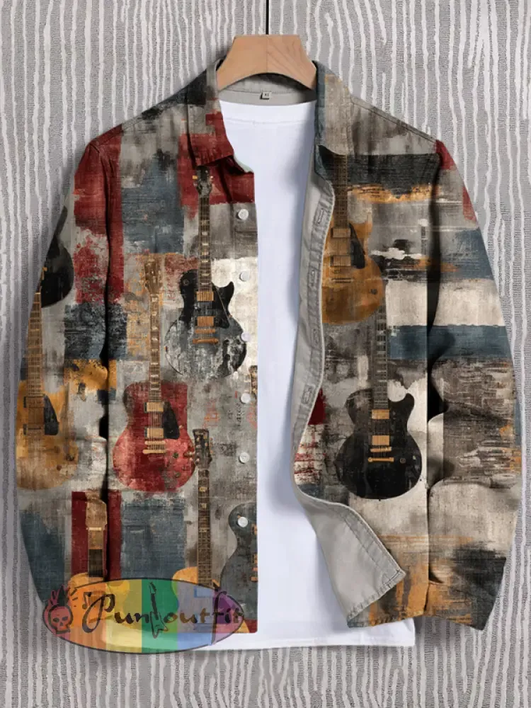 Men's Guitar Color Block Geometric Art Print Long Sleeve Shirt