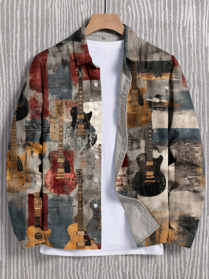 Men's Guitar Color Block Geometric Art Print Long Sleeve Shirt