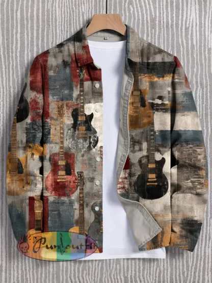 Men's Guitar Color Block Geometric Art Print Long Sleeve Shirt
