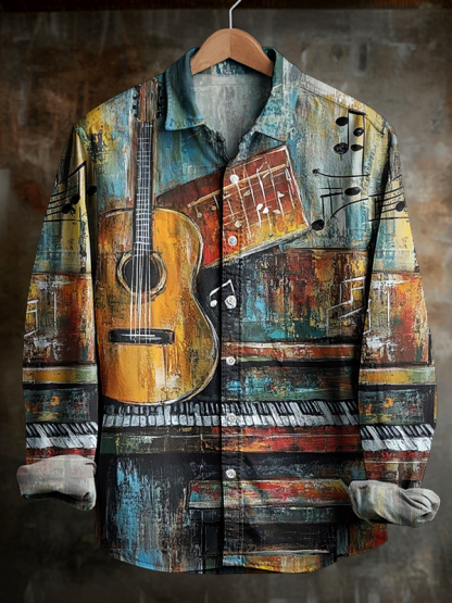 Men's Guitar Piano Oil Painting Print Long Sleeve Shirt