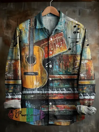 Men's Guitar Piano Oil Painting Print Long Sleeve Shirt