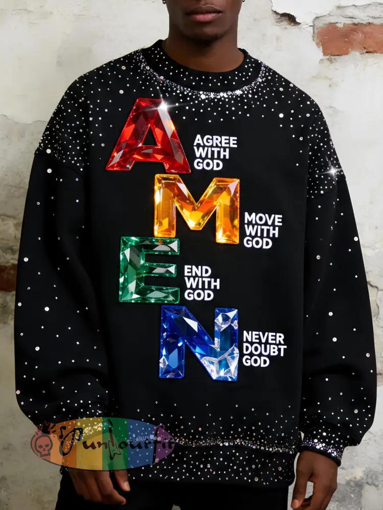 Men's Amen Sequin Letter Art Print Casual Sweatshirt