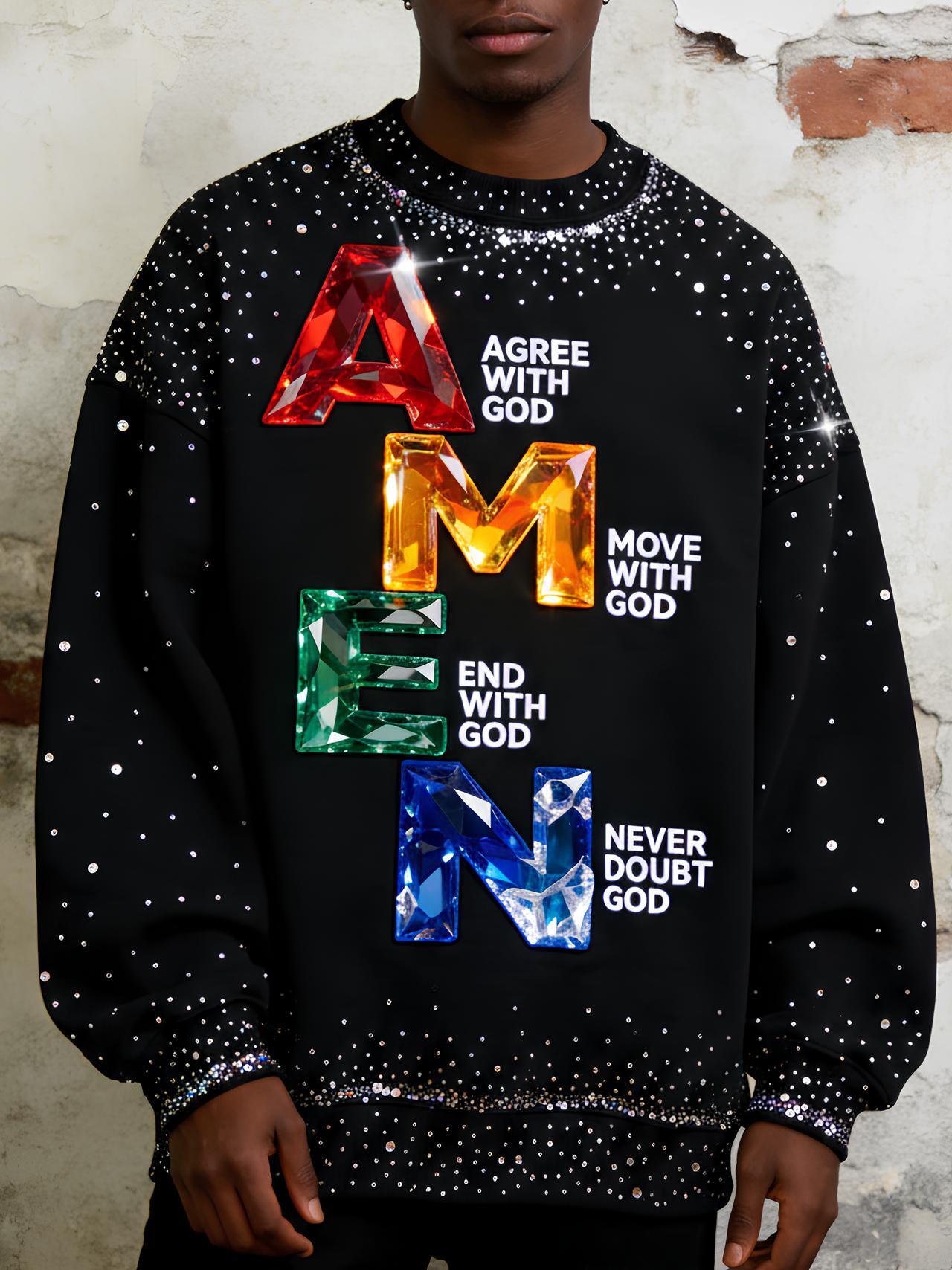Men's Amen Sequin Letter Art Print Casual Sweatshirt