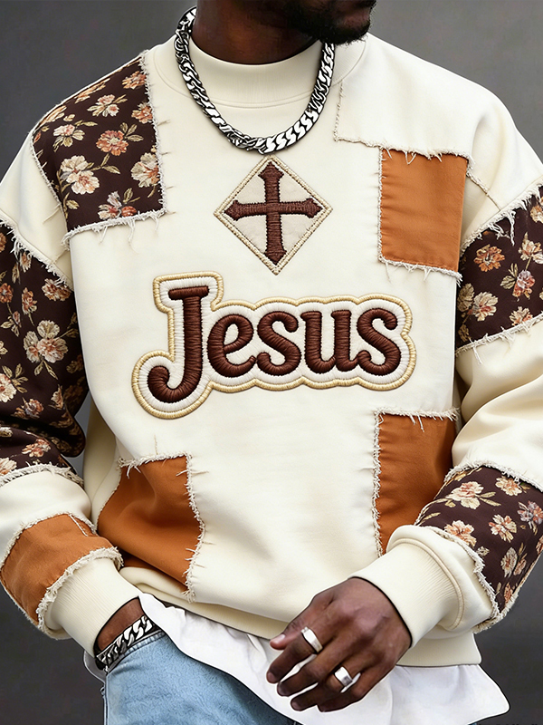 Men's Jesus Religious Cross Ditsy Floral Patchwork Pattern Casual Sweatshirt