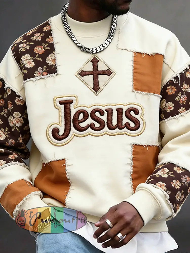 Men's Jesus Religious Cross Ditsy Floral Patchwork Pattern Casual Sweatshirt