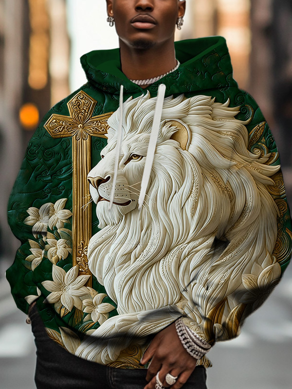 Men'S Retro Relief Lion And Golden Cross Art Print Hoodie