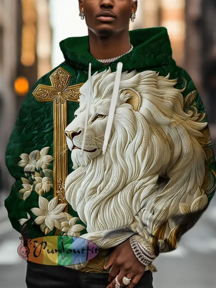 Men'S Retro Relief Lion And Golden Cross Art Print Hoodie