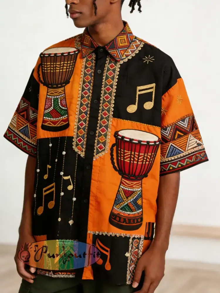 Men's African Drum Note Ethnic Patterns Art Print Casual Short Sleeve Shirt