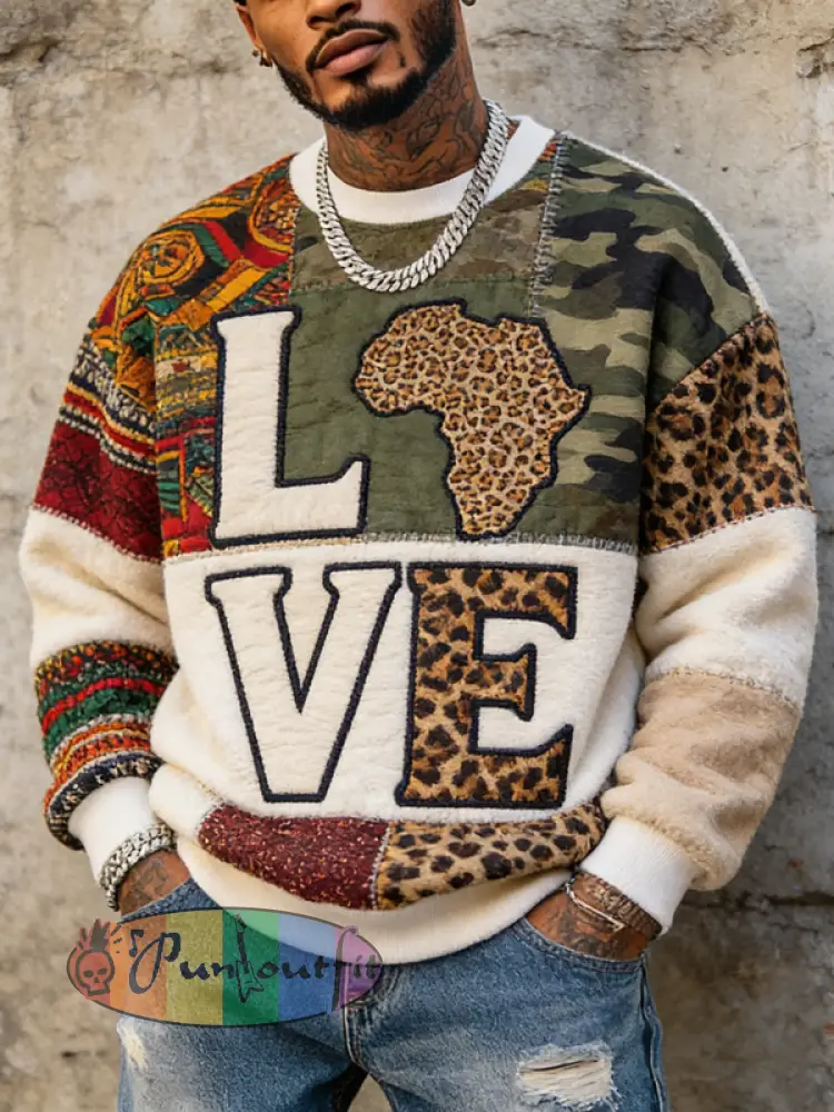 Men's Love Africa Map Camo Leopard Ethnic Pattern Patchwork Art Print Casual Flannel Sweatshirt